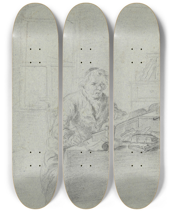 Triptych art skateboard deck of Justus Juncker Gelehrter Im Studierzimmer Am Fenster Vor Seinem Schreibtisch Sitzend by Justus Juncker (1703-1767)