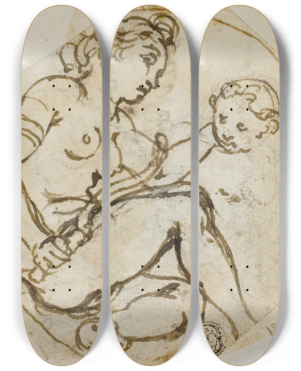 Triptych art skateboard deck of Andrea Lilio Venus And Cupid by Andrea Lilio (1555-1642)
