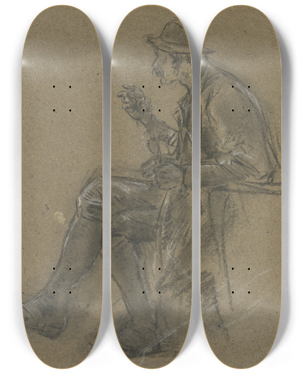 Triptych art skateboard deck of Anton Burger Hunter In Knee Breeches by Anton Burger (1824-1905)