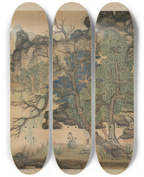 Triptych art skateboard deck of Chen Hongshou Scholars In A Garden by Chen Hongshou (1598-1652)