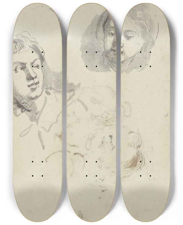 Triptych art skateboard deck of Jacob De Wit Two Heads by Jacob de Wit (1695-1754)