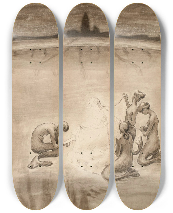 Triptych art skateboard deck of Ellen Trotzig Mermaids by Ellen Trotzig (1878-1949)