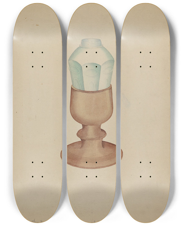 Triptych art skateboard deck of Charles Goodwin Shaker Grease Lamp by Charles Goodwin