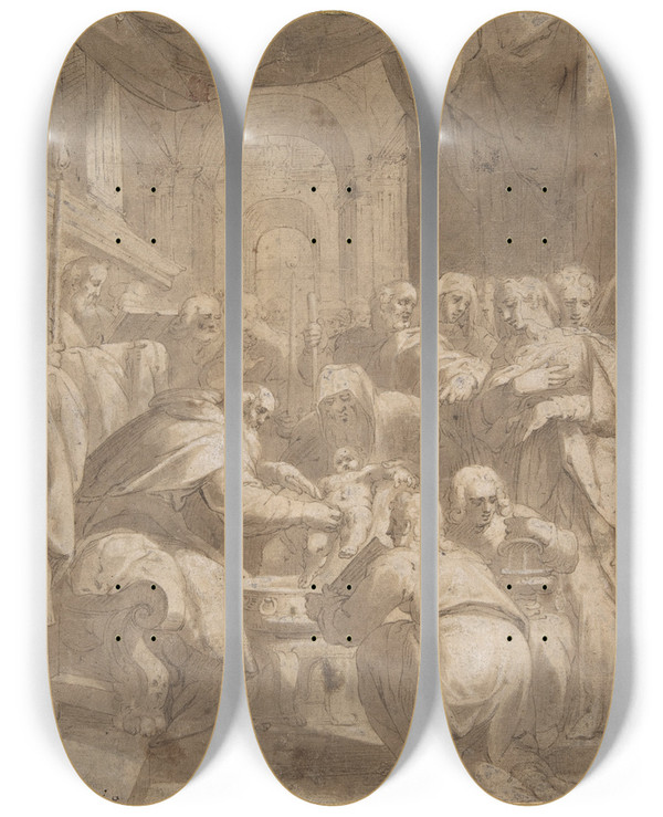 Triptych art skateboard deck of Hans Speckaert Circumcision In The Temple by Hans Speckaert (1540-1577)