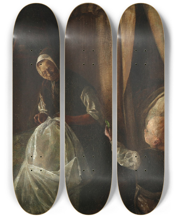 Triptych art skateboard deck of Laurits Andersen Ring En Dreng Rkker Sin Bedstemor En Grn Rt by Laurits Andersen Ring (1854-1933)