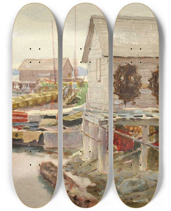 Triptych art skateboard deck of Theodore J Richardson Drying Skins Sitka by Theodore J Richardson (1855-1914)