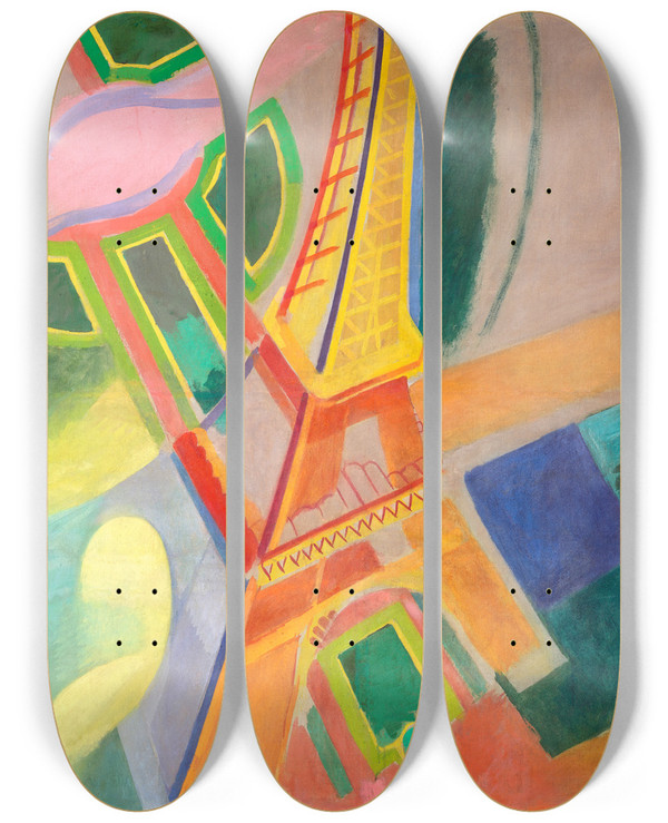 Triptych art skateboard deck of Robert Delaunay Eiffel Tower by Robert Delaunay (1885-1941)