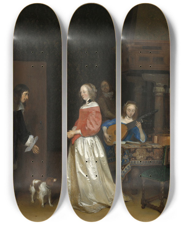 Triptych art skateboard deck of Gerard Ter Borch The Suitors Visit by Gerard Ter Borch (1617-1681)