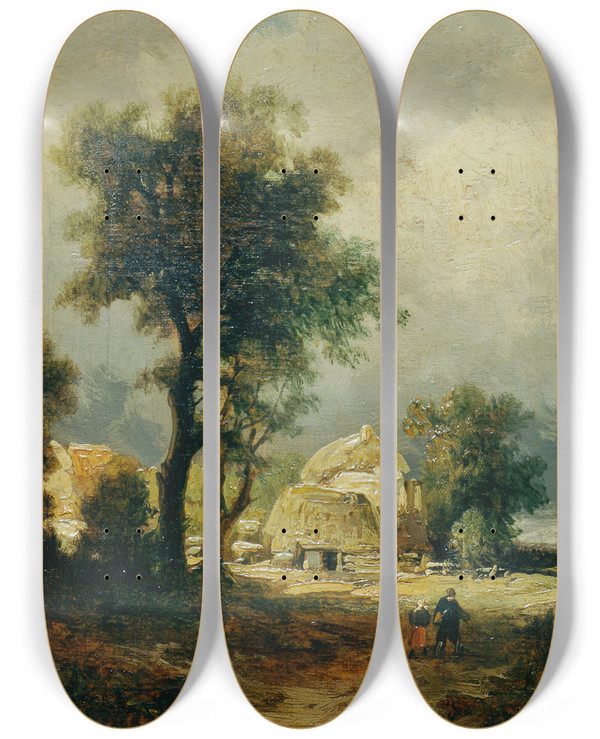 Triptych art skateboard deck of Remigius Adrianus Van Haanen Ungarisches Dorf by Remigius Adrianus Van Haanen (1812-1894)