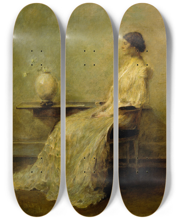 Triptych art skateboard deck of Thomas Wilmer Dewing Lady In White No 2 by Thomas Wilmer Dewing (1851-1938)