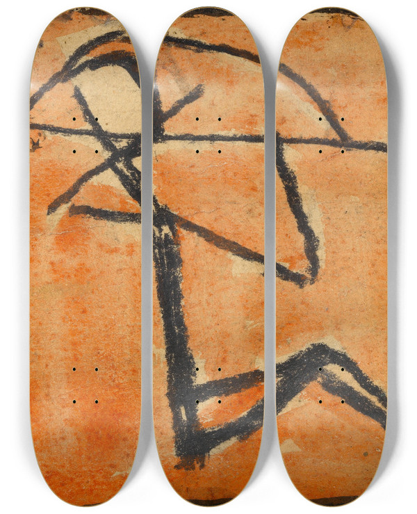 Triptych art skateboard deck of Egon Schiele Strichmnnchen Mit Bogen by Egon Schiele (1890-1918)