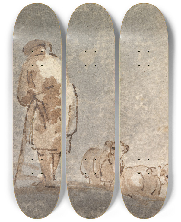 Triptych art skateboard deck of Sawrey Gilpin Shepherd With Sheep by Sawrey Gilpin (1733-1807)