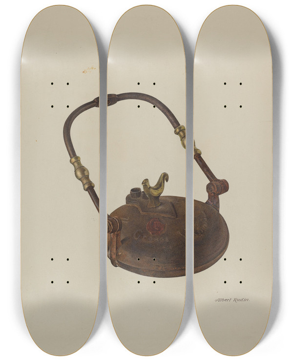 Triptych art skateboard deck of Albert Rudin Camp Lamp by Albert Rudin
