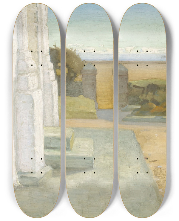 Triptych art skateboard deck of Knud Sinding Ved En Kirke by Knud Sinding (1875-1946)