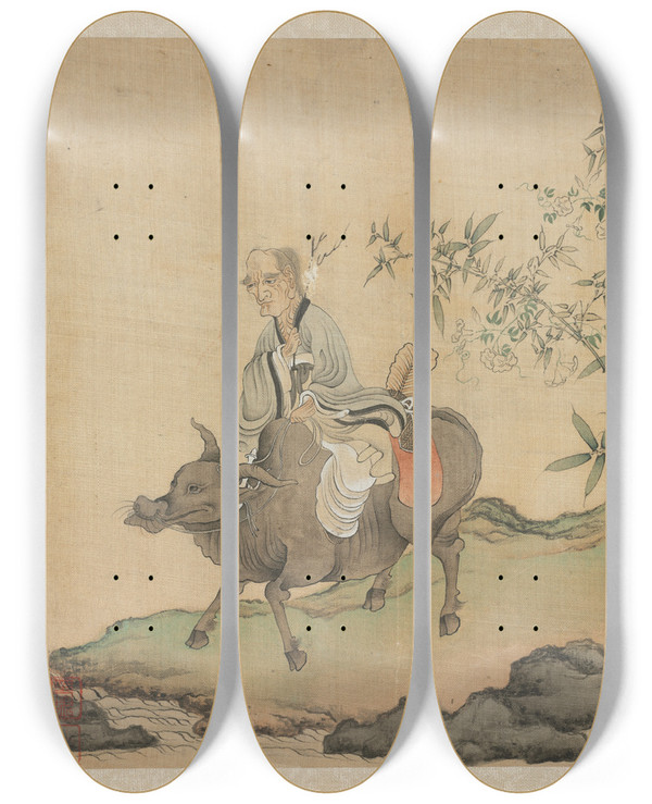 Triptych art skateboard deck of Chen Hongshou Laozi Riding An Ox by Chen Hongshou (1598-1652)