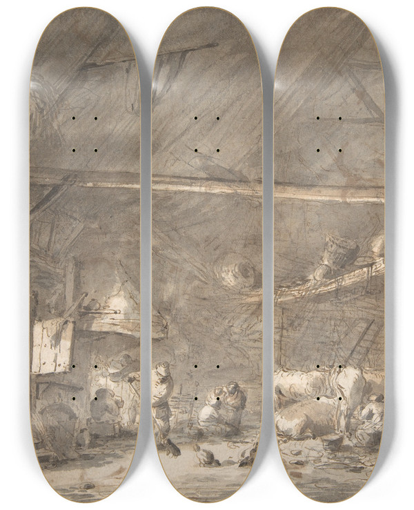 Triptych art skateboard deck of Isaac Van Ostade Barn Interior With Peasants And Cows by Isaac Van Ostade (1621-1649)