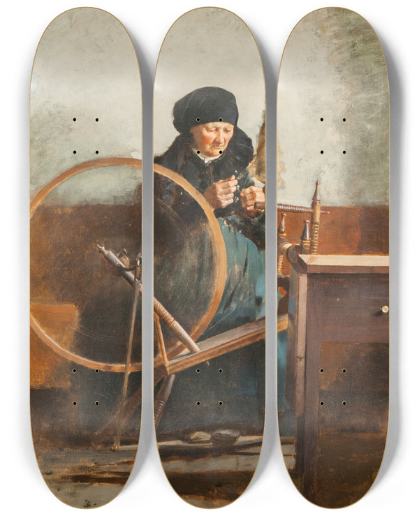 Triptych art skateboard deck of Hugo Salmson At The Spinning Wheel by Hugo Salmson (1843-1894)