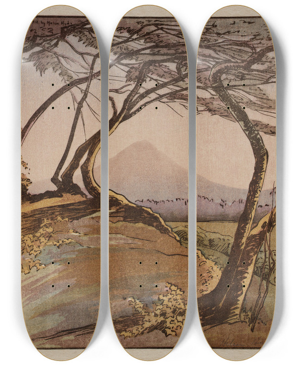 Triptych art skateboard deck of Helen Hyde Mount Orizaba by Helen Hyde (1868-1919)
