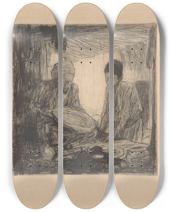 Triptych art skateboard deck of Marius Bauer Koperslager In Constantinopel by Marius Bauer (1867-1932)