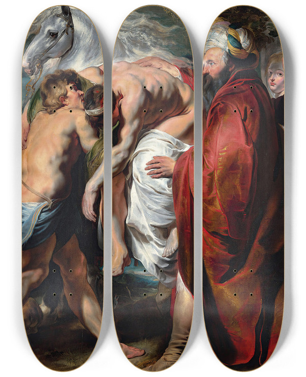 Triptych art skateboard deck of Jacob Jordaens The Good Samaritan by Jacob Jordaens (1593-1678)