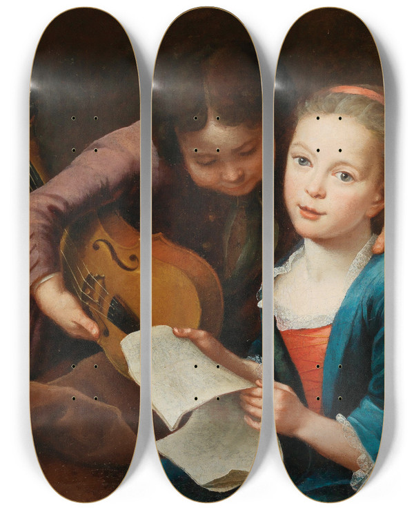 Triptych art skateboard deck of Gottfried Eichler The Elder Two Children Making Music by Gottfried Eichler The Elder (1677-1759)