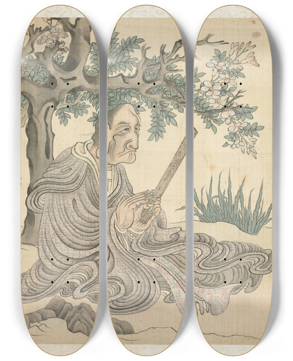 Triptych art skateboard deck of Chen Hongshou A Lohan After Kuanhsiu by Chen Hongshou (1598-1652)