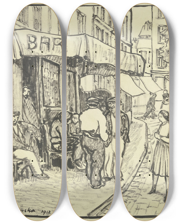 Triptych art skateboard deck of Engelbert Gminska Caf In Marseille by Engelbert Gminska