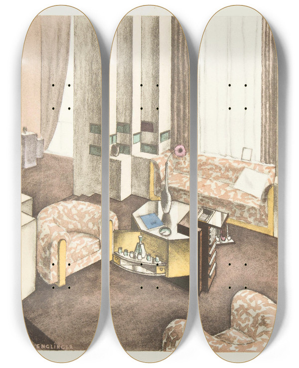 Triptych art skateboard deck of Gabriel Englinger Fumoir by Gabriel Englinger (1898-1983)