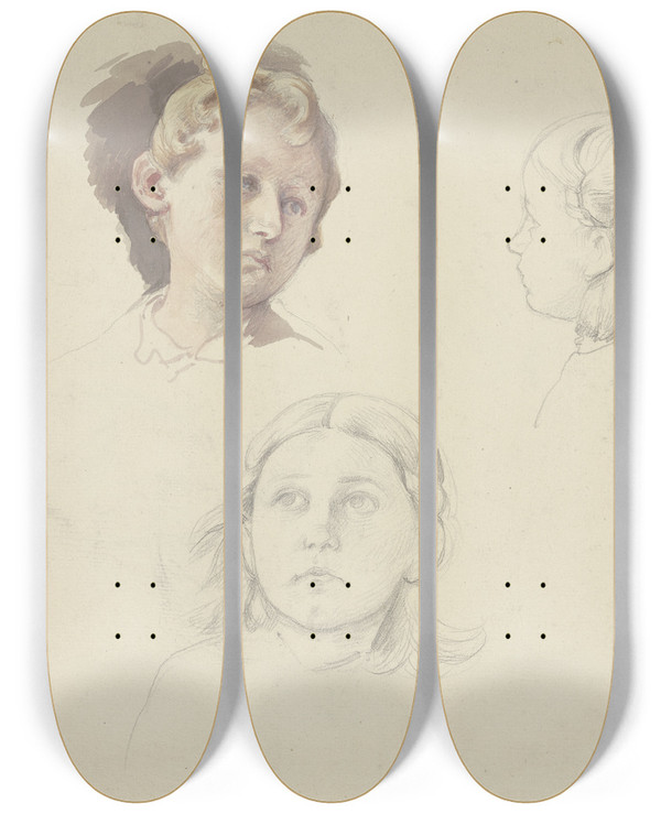 Triptych art skateboard deck of Jakob Becker Studienblatt Mdchen Mit Zuber by Jakob Becker (1810-1872)