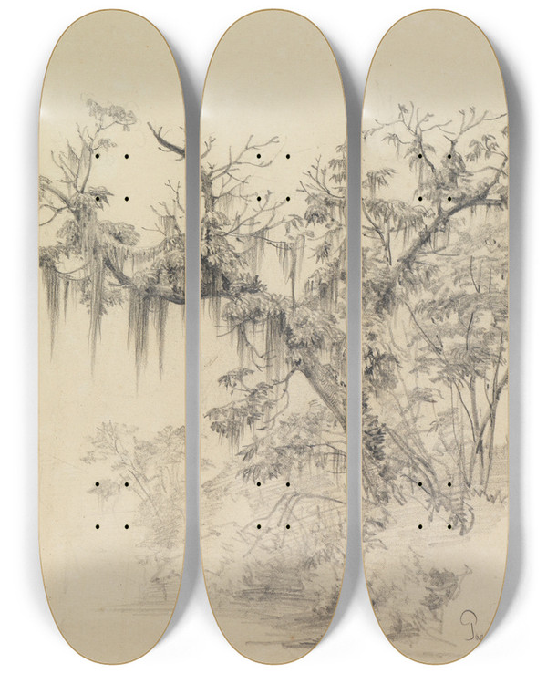 Triptych art skateboard deck of Ferdinand Keller Baumstudie Mit Herabhngenden Pflanzenfden by Ferdinand Keller (1842-1922)
