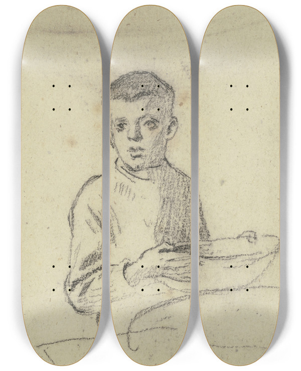 Triptych art skateboard deck of Otto Scholderer Boy With Basket by Otto Scholderer (1834-1902)