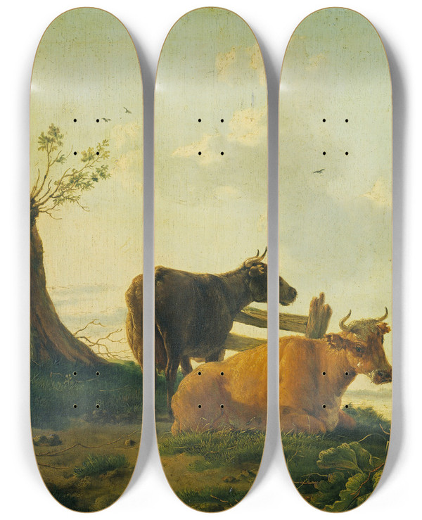 Triptych art skateboard deck of Dionys Van Dongen Cattle by Dionys Van Dongen (1748-1819)