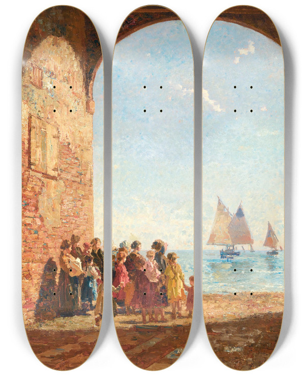 Triptych art skateboard deck of Beppe Ciardi Die Ankunft Der Fischer by Beppe Ciardi (1875-1932)