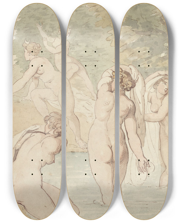 Triptych art skateboard deck of Thomas Rowlandson Diana And Her Nymphs Bathing by Thomas Rowlandson (1756-1827)