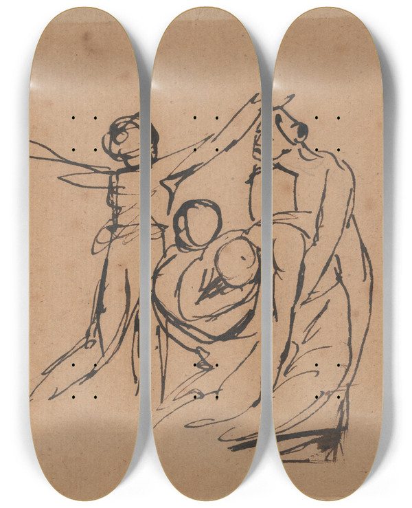 Triptych art skateboard deck of George Romney Mourning Group by George Romney (1734-1802)