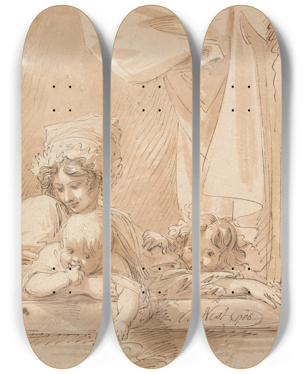 Triptych art skateboard deck of Benjamin West A Mother And Two Children by Benjamin West (1738-1820)