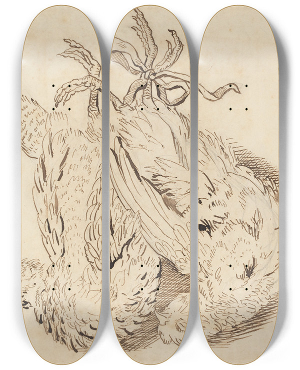 Triptych art skateboard deck of British 18Th Century Two Dead Chickens by British 18Th Century (18-)