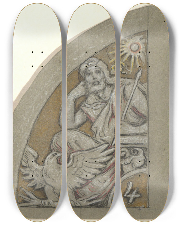 Triptych art skateboard deck of Elihu Vedder Study Forjupiter by Elihu Vedder (1836-1923)