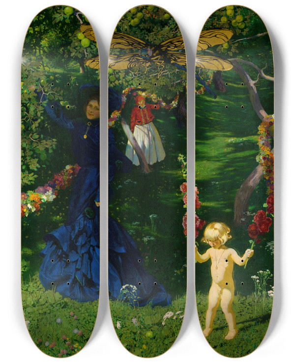 Triptych art skateboard deck of Jzef Mehoffer Strange Garden by Jozef Mehoffer (1869-1946)