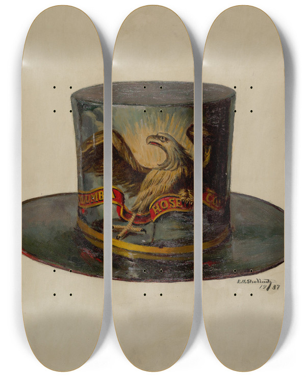 Triptych art skateboard deck of Eugene Shellady Firemans Hat by Eugene Shellady