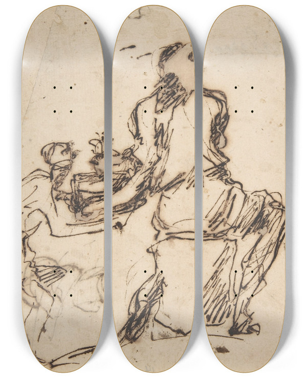 Triptych art skateboard deck of Domenico Gargiulo Seated Figure Receiving An Object Presented By A Smaller Figure by Domenico Gargiulo (1609-1675)