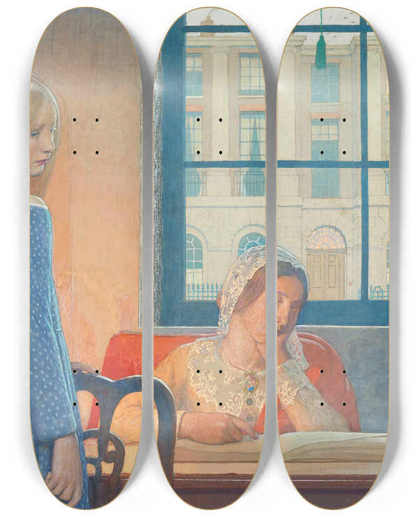 Triptych art skateboard deck of Frederick Cayley Robinson Evening In London by Frederick Cayley Robinson (1862-1927)