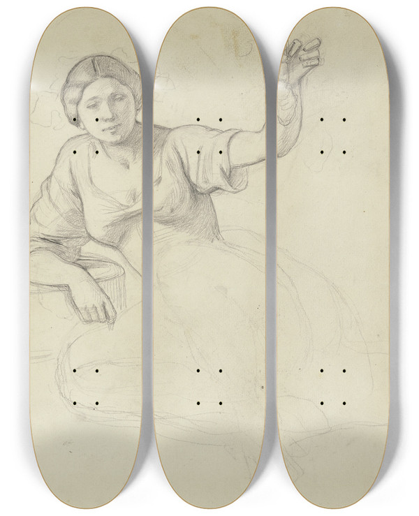 Triptych art skateboard deck of Jakob Becker Grape Picker Female_1 by Jakob Becker (1810-1872)