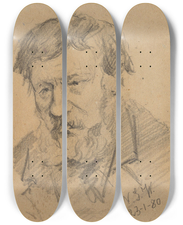 Triptych art skateboard deck of Gustav Wentzel Bearded Man_3 by Gustav Wentzel (1859-1927)