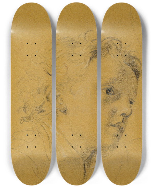 Triptych art skateboard deck of Johann Peter Krafft Kopf Eines Knaben_2 by Johann Peter Krafft (1780-1856)