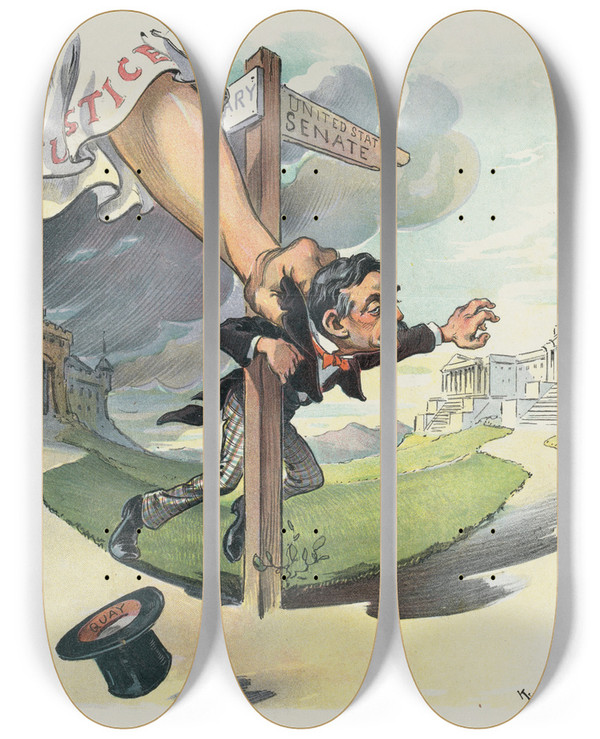 Triptych art skateboard deck of Udo Keppler Has She Got Him At Last by Udo Keppler (1872-1956)