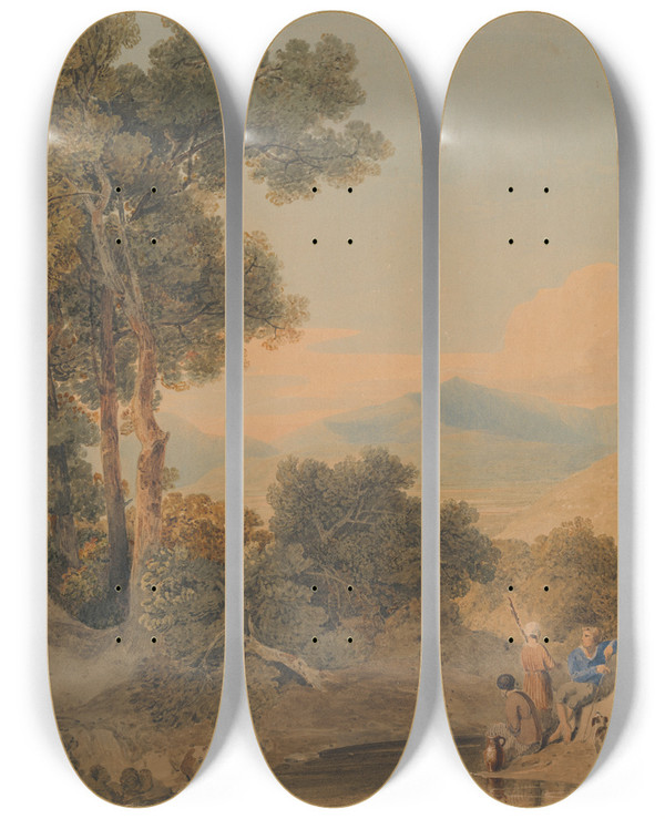 Triptych art skateboard deck of William Havell Landscape With Figures by William Havell (1782-1857)
