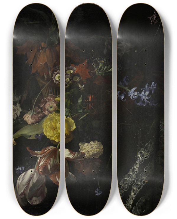 Triptych art skateboard deck of Arthur Chaplin Le Panier De Fleurs by Arthur Chaplin (1869-1935)
