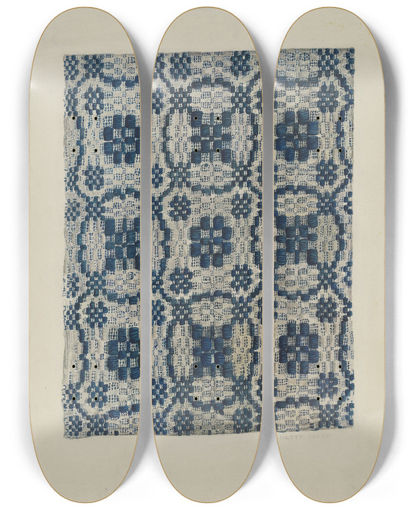 Triptych art skateboard deck of Betty Jacob Coverlet_1 by Betty Jacob