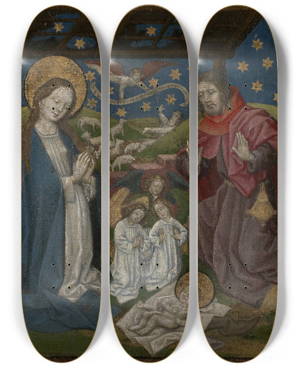 Triptych art skateboard deck of Cologne Master Of 1458 Nativity by Cologne Master Of 1458